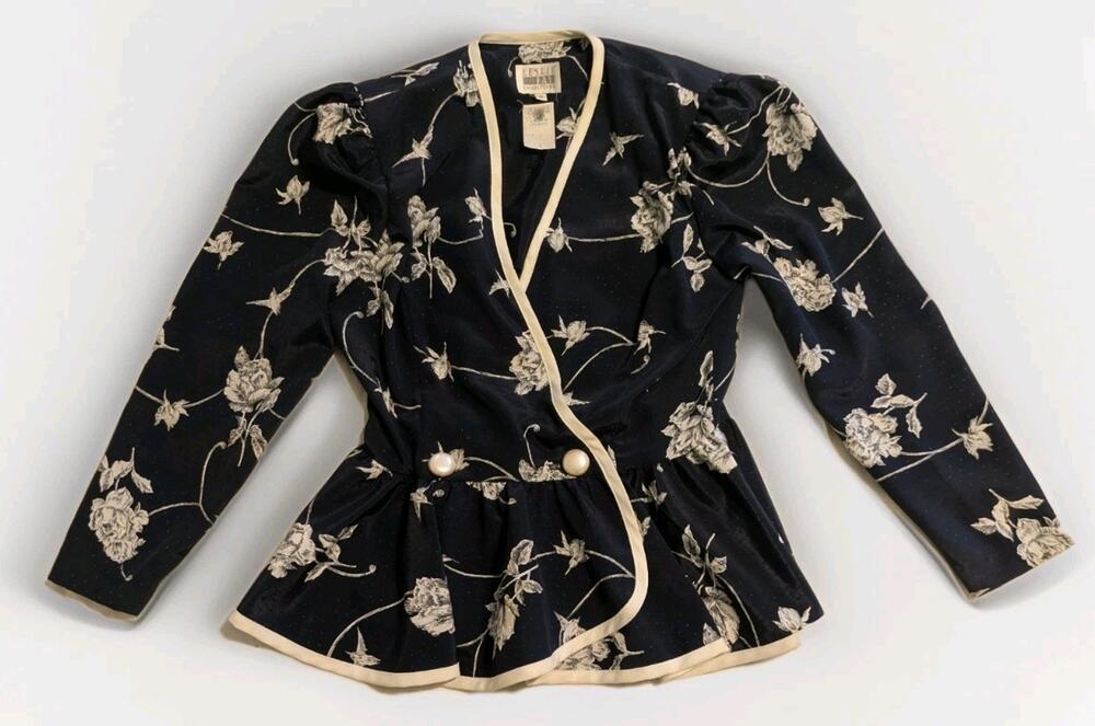 Vintage Leslie Fay Collections Jacket Womens 6 Navy Floral Pearl Button Made USA